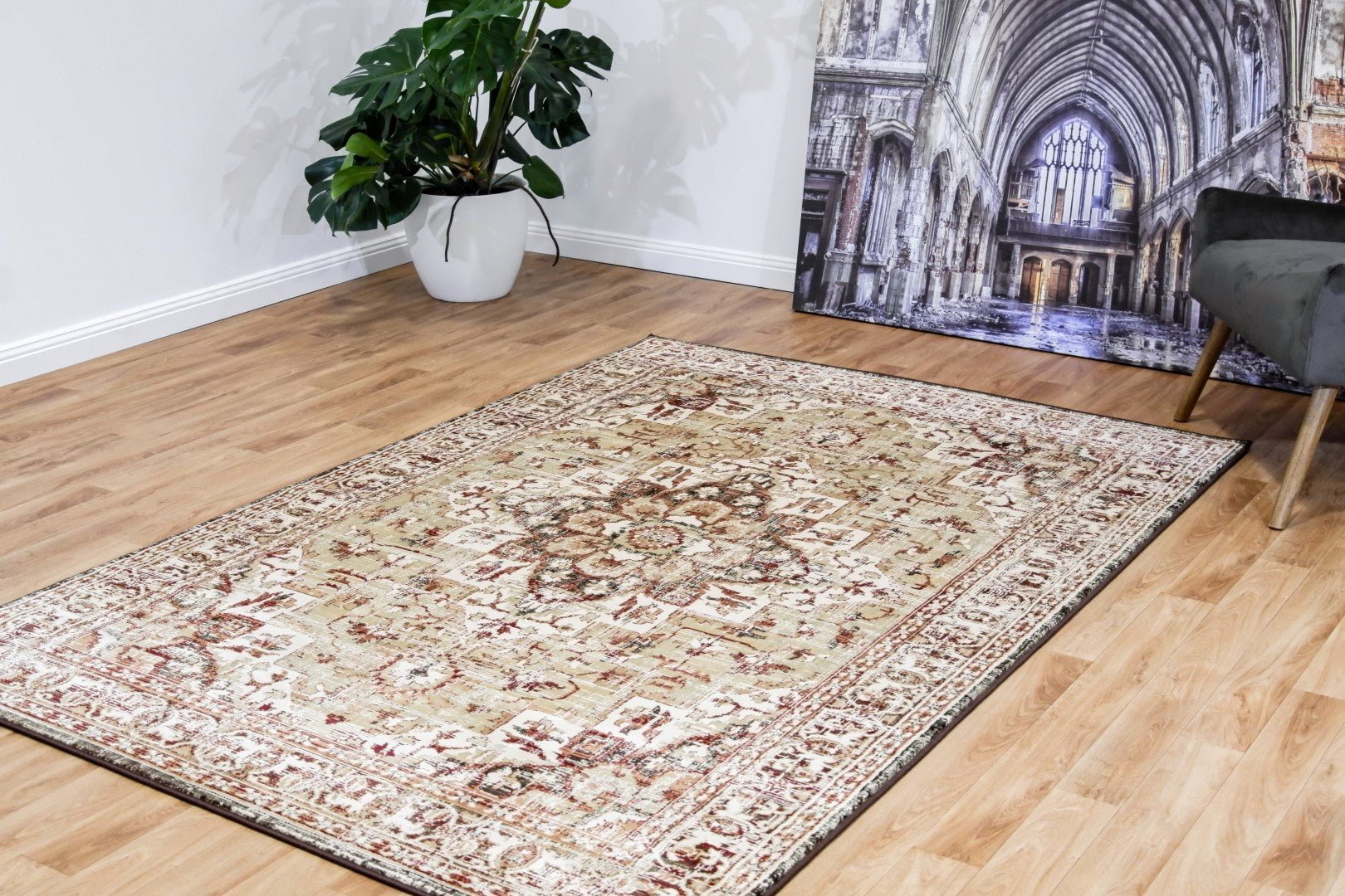 Agrabah traditional Berber rug, beige with red and green ornate border, rectangular