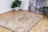 Agrabah traditional Berber rug, beige with red and green ornate border, rectangular