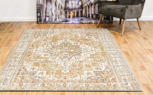 Traditional area rug in blue and beige with ornate border and distressed medallion