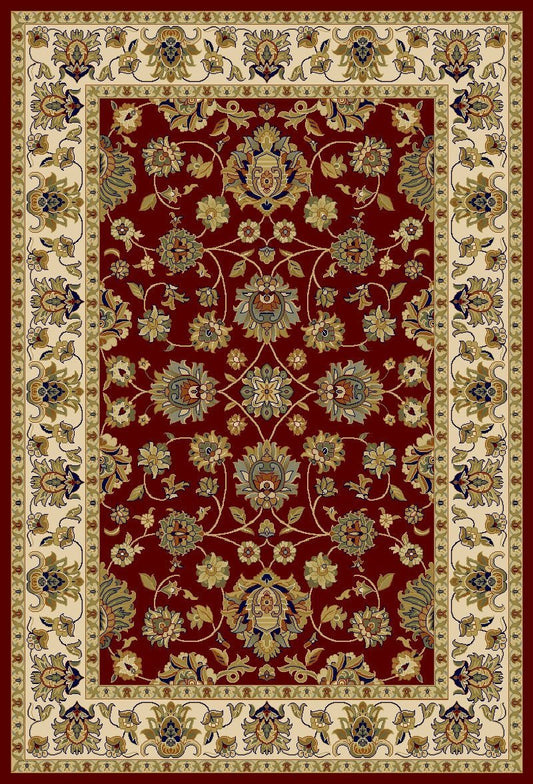 Burgundy traditional area rug with ornate floral medallion pattern and cream border