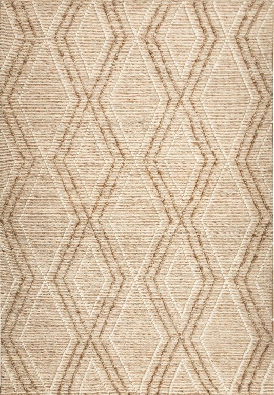 Beige wool area rug with raised geometric X and chevron motifs
