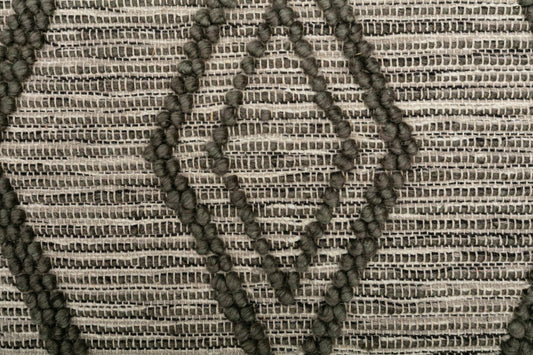 Charcoal and light gray wool rug with dense looped texture and stacked grid pattern