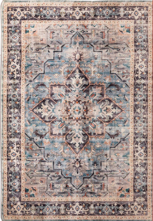 Contemporary area rug with central medallion, distressed blue-gray floral motifs and red accents