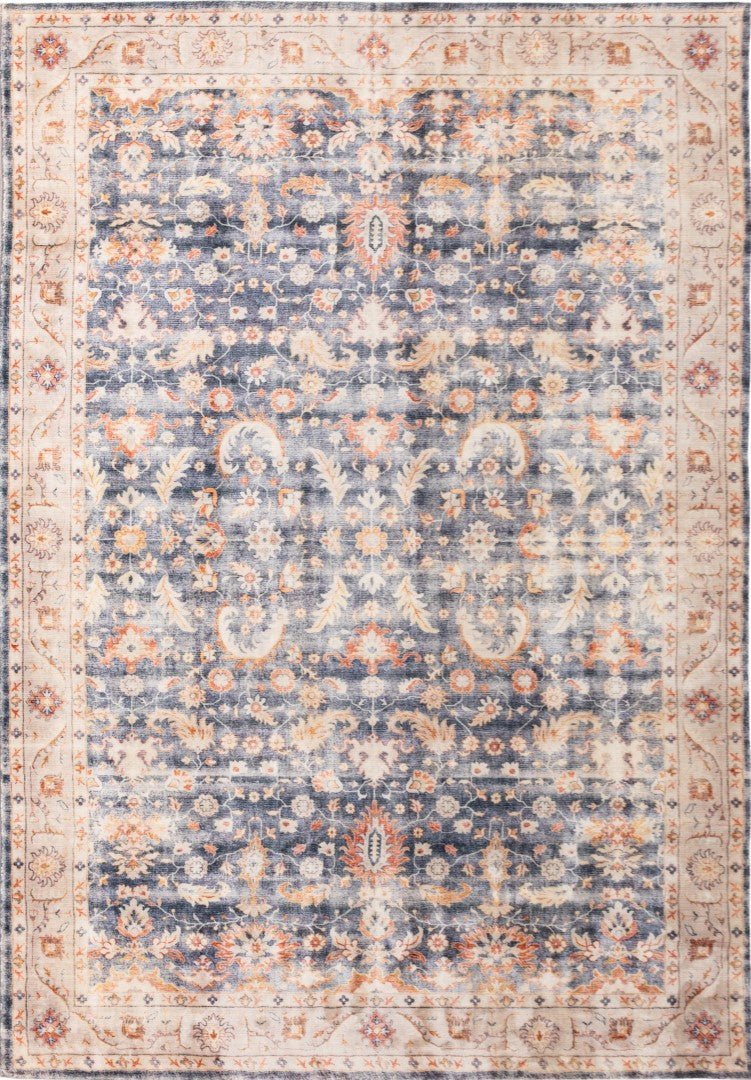 Arielle contemporary area rug with faded blue and beige medallion pattern, border