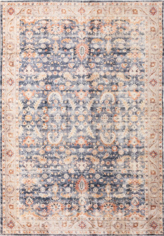 Arielle contemporary area rug with faded blue and beige medallion pattern, border