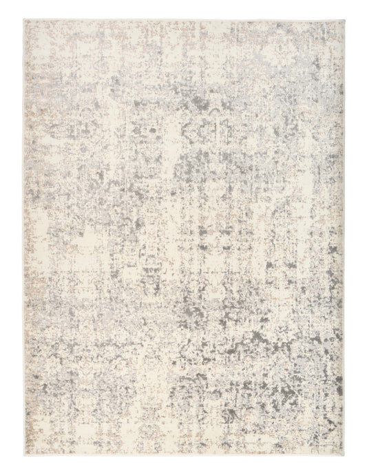 Light beige area rug with gray mottled distressed texture and flat border