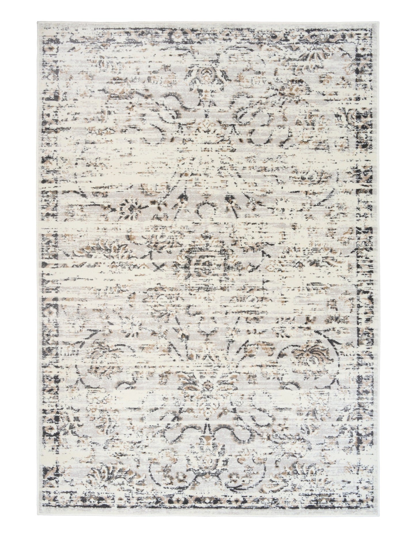 Rectangular light gray area rug with distressed abstract design, flat layout