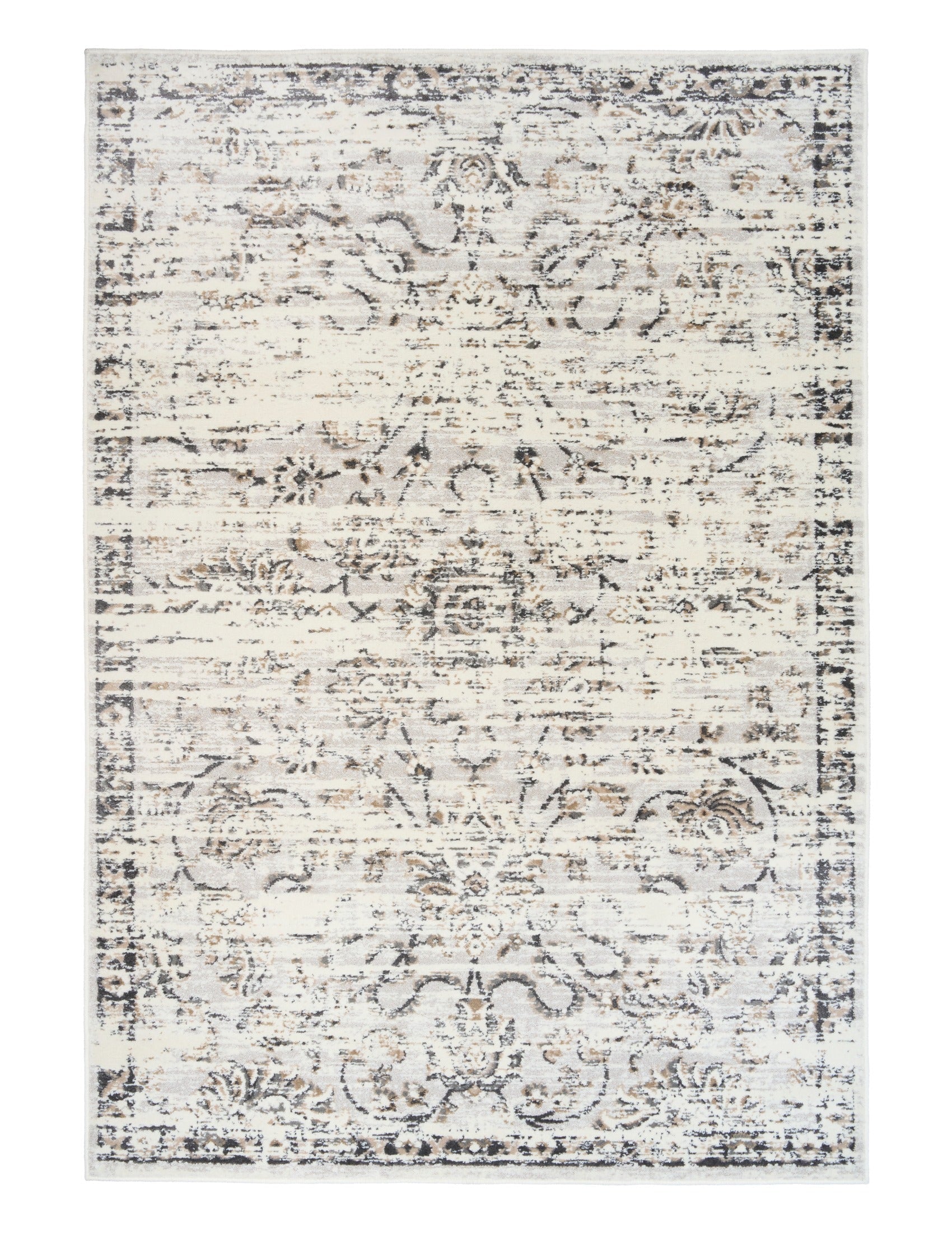 Rectangular light gray area rug with distressed abstract design, flat layout