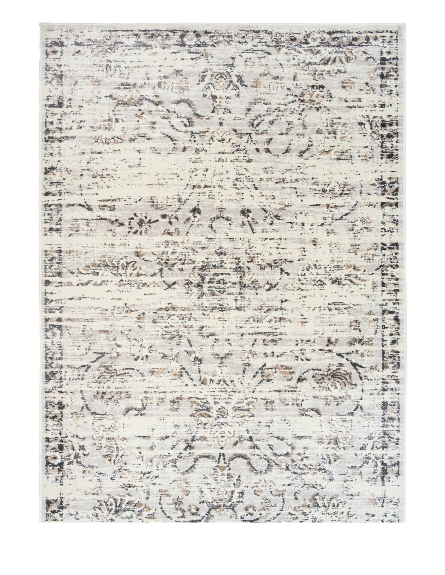 Rectangular light gray area rug with distressed abstract pattern, centered view