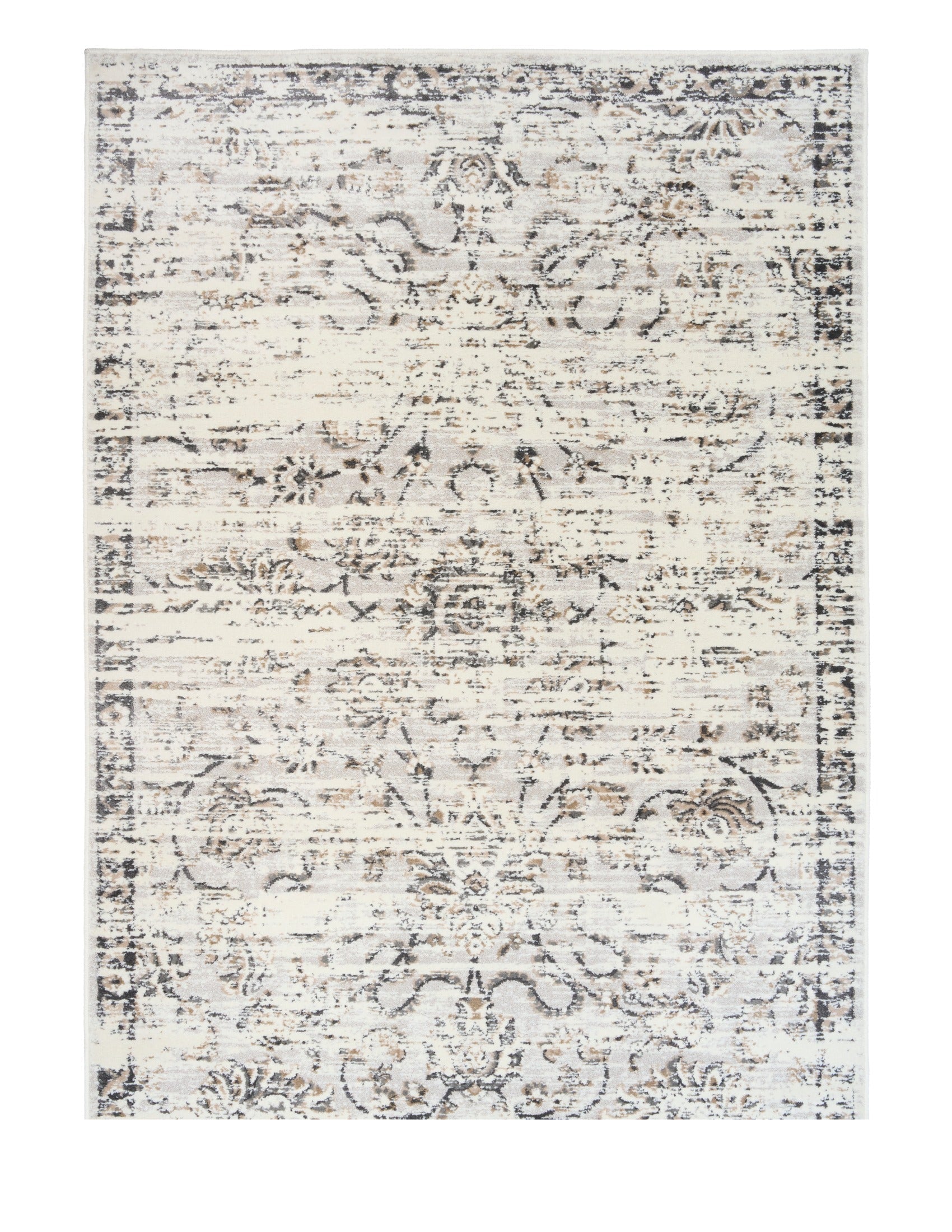 Rectangular light gray area rug with distressed abstract pattern, centered view