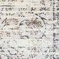 Detail view of light gray distressed abstract area rug with ornate motif accents