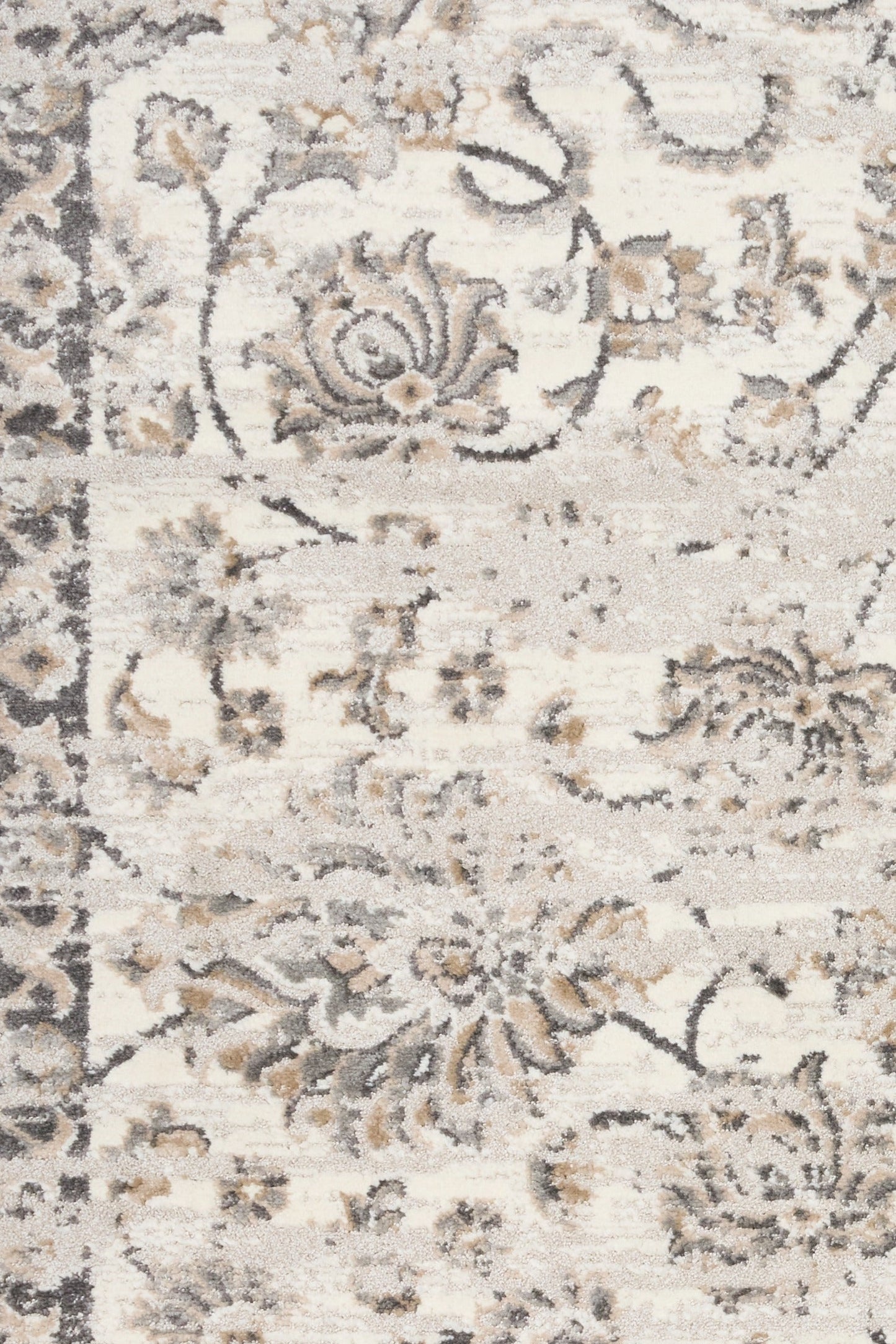 Grey and cream vintage-style area rug with detailed damask motifs and distressed look