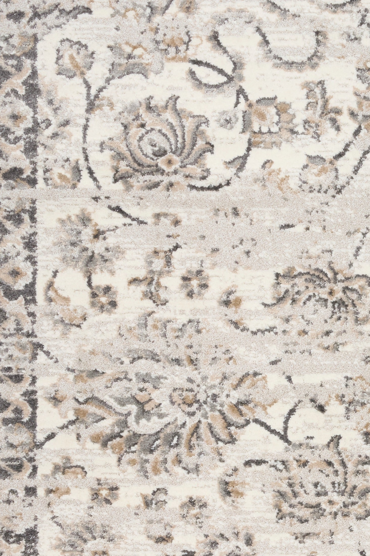 Grey and cream vintage-style area rug with detailed damask motifs and distressed look