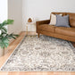 Santo grey area rug with distressed damask floral pattern and decorative border