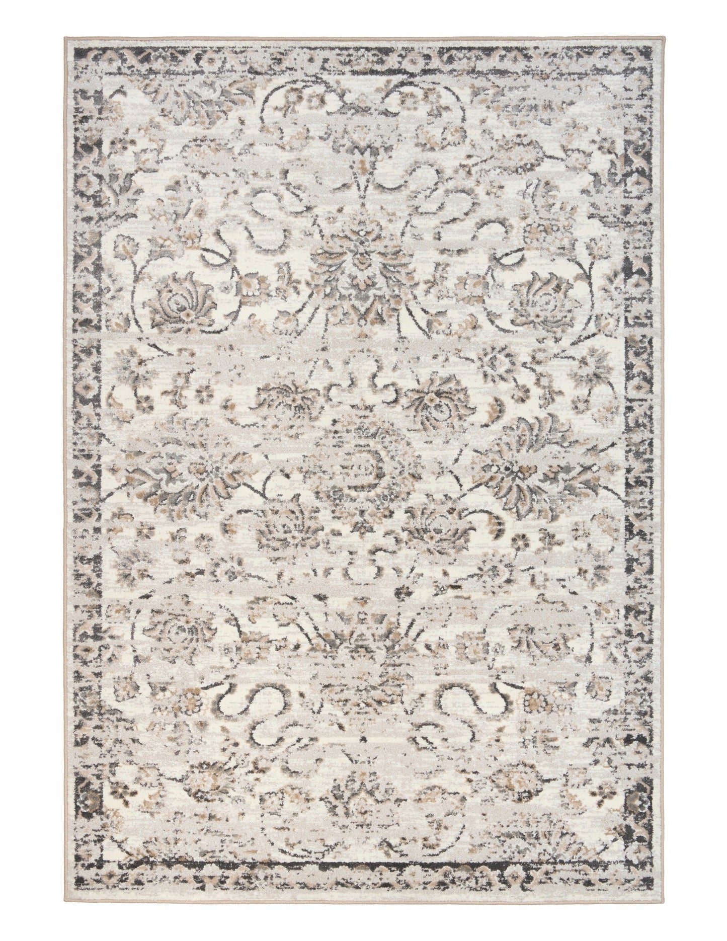 Santo grey area rug with light-on-dark damask and floral motifs and framed border