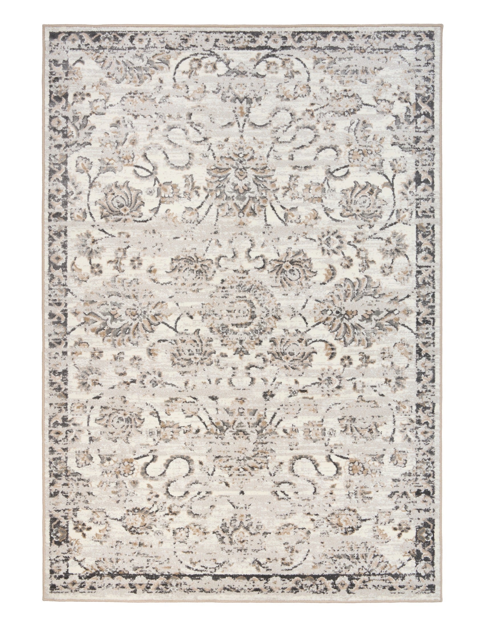 Santo grey area rug with light-on-dark damask and floral motifs and framed border