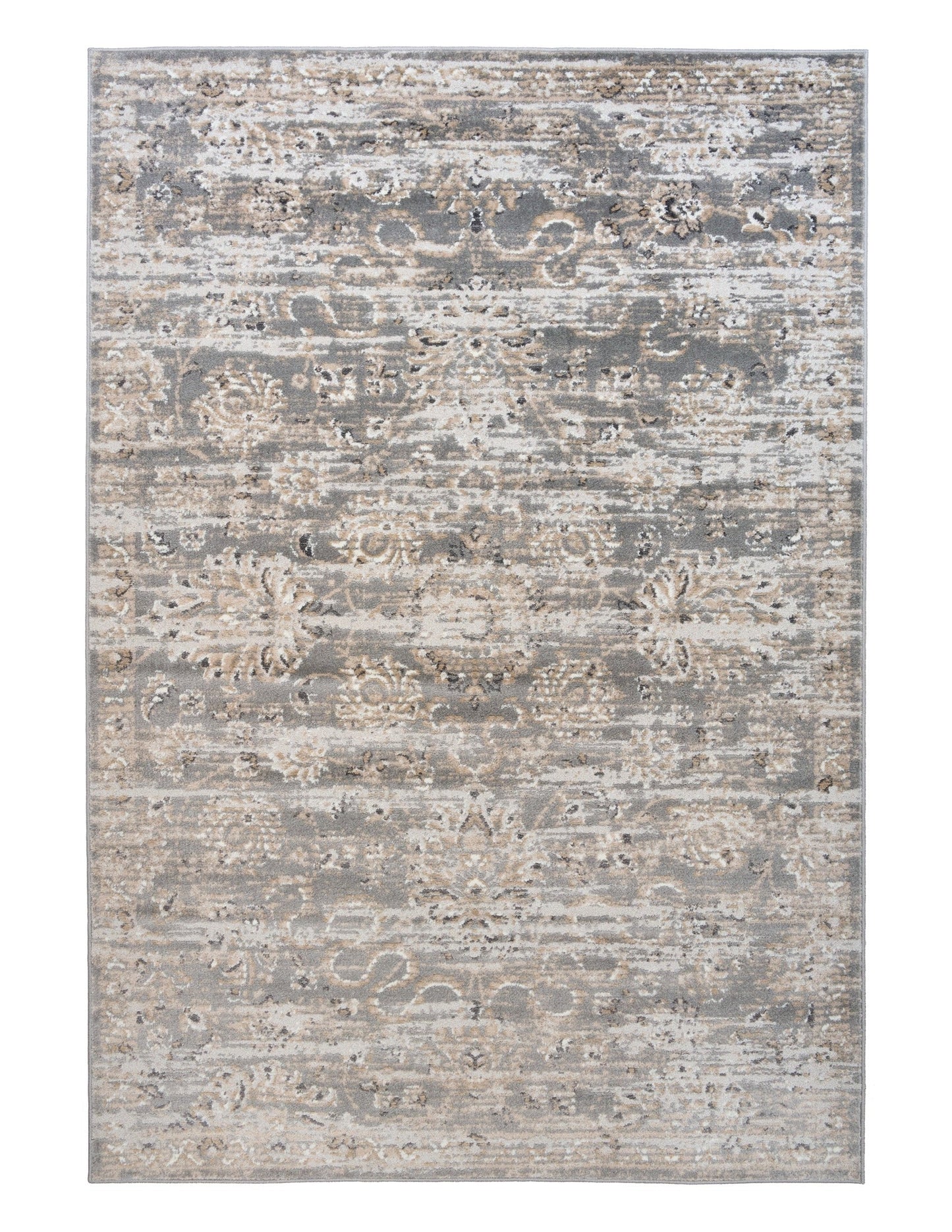 Rectangular distressed light gray area rug with cream abstract surface pattern