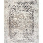 Square area rug in gray and white with distressed central pattern and border