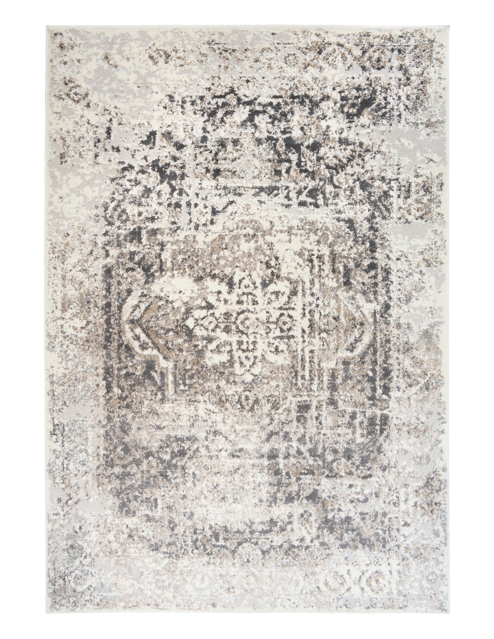 Square area rug in gray and white with distressed central pattern and border