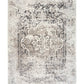 Square area rug in gray and white with dense distressed motif and border