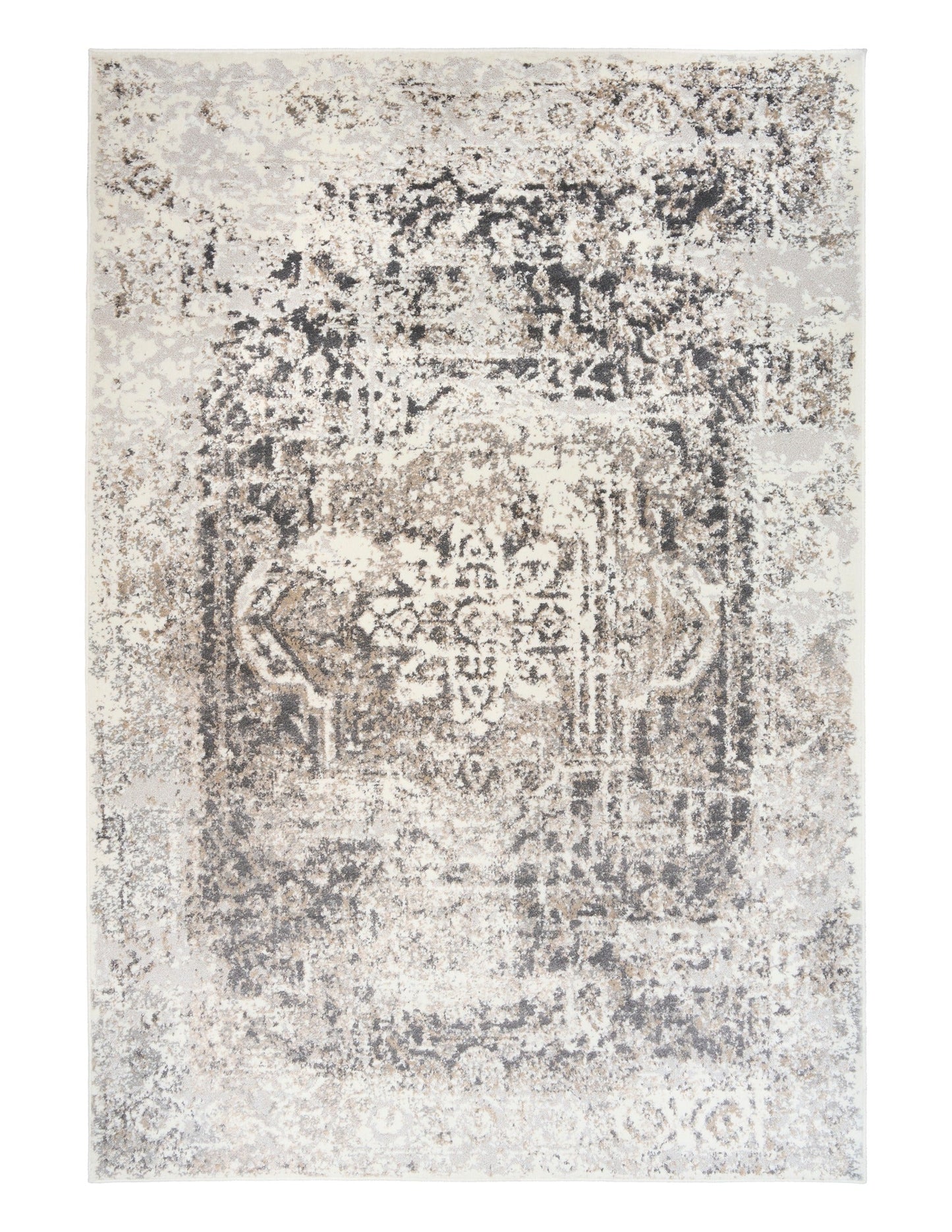 Square area rug in gray and white with dense distressed motif and border