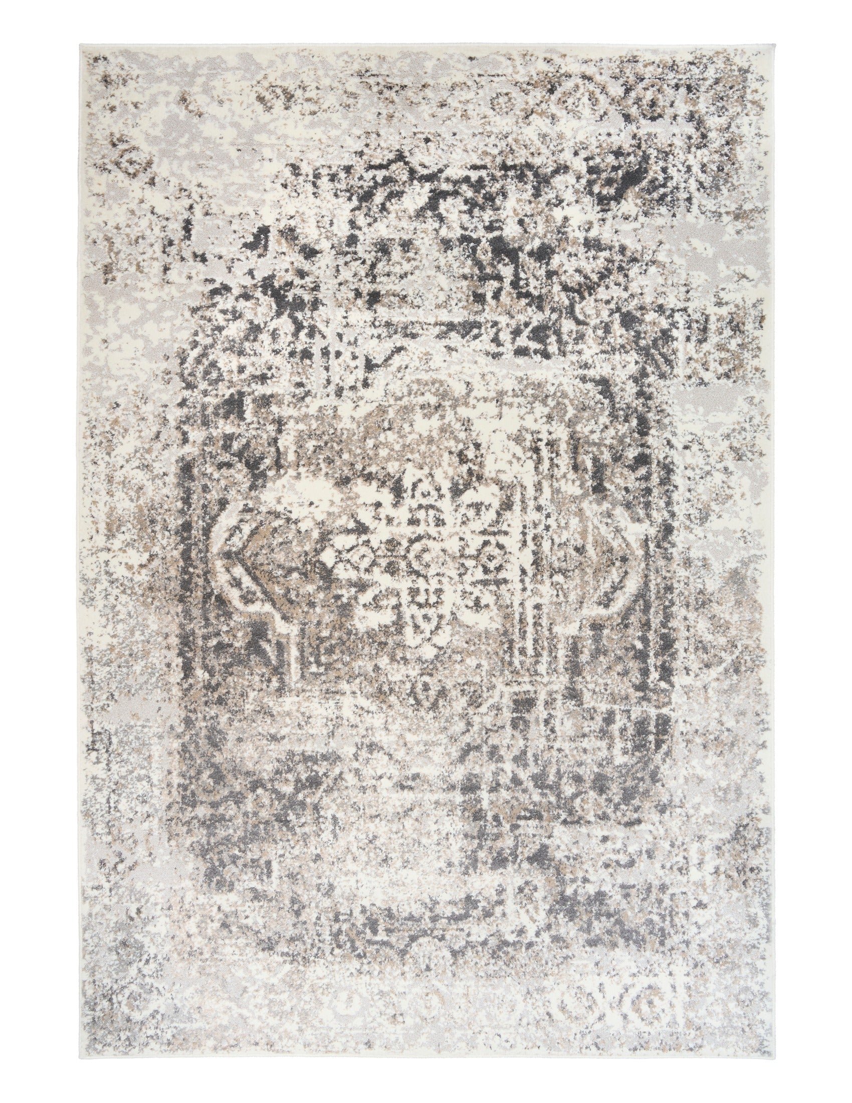 Square area rug in gray and white with dense distressed motif and border