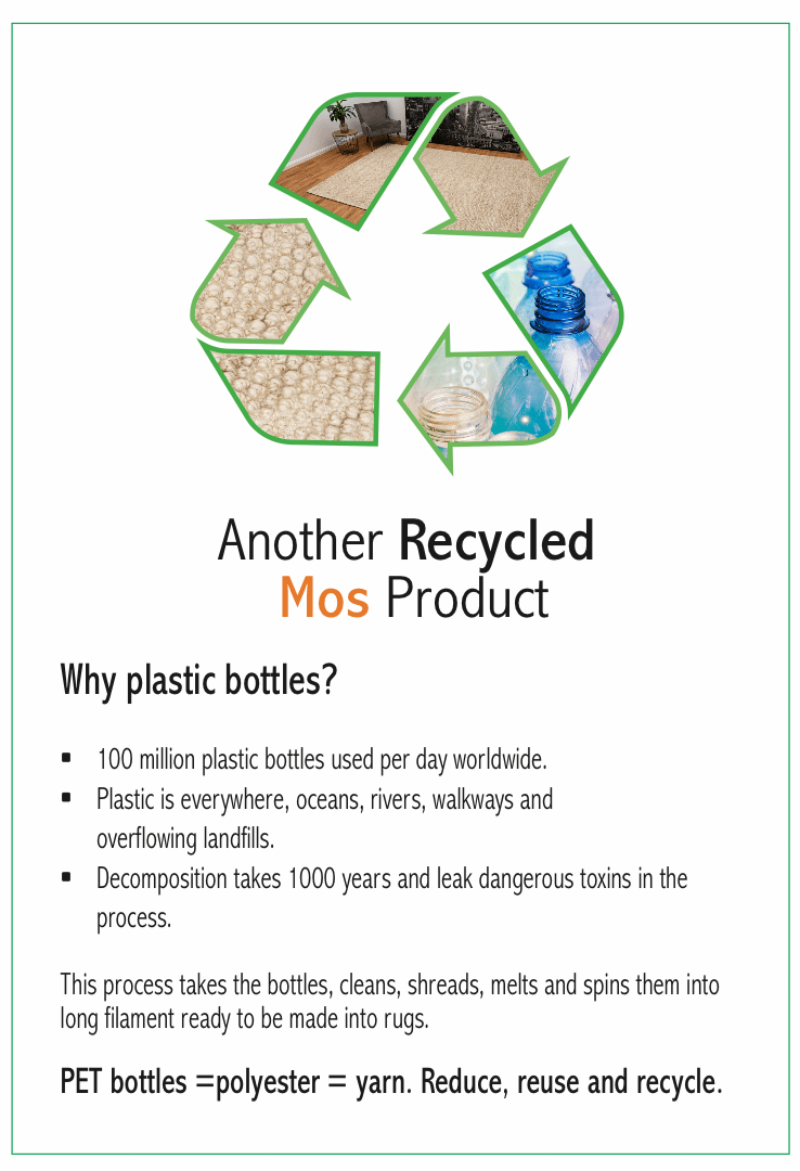 Recycled materials information card with green recycling arrows and text