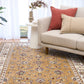 Berber-style area rug with tan field, floral vines, and cream red border stripes