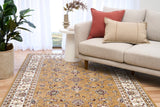 Berber-style area rug with tan field, floral vines, and cream red border stripes