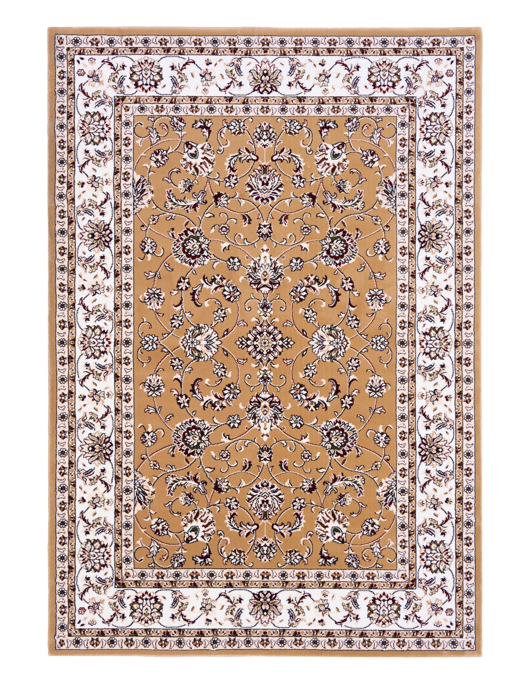 Berber-style area rug with tan center medallion, cream border, and dark floral accents