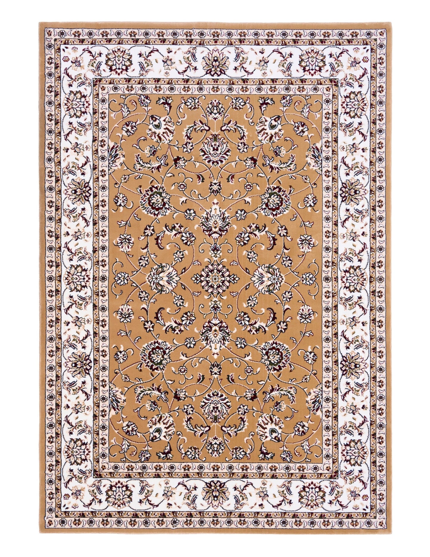 Berber-style area rug with tan field, central rosette medallions, and cream floral border
