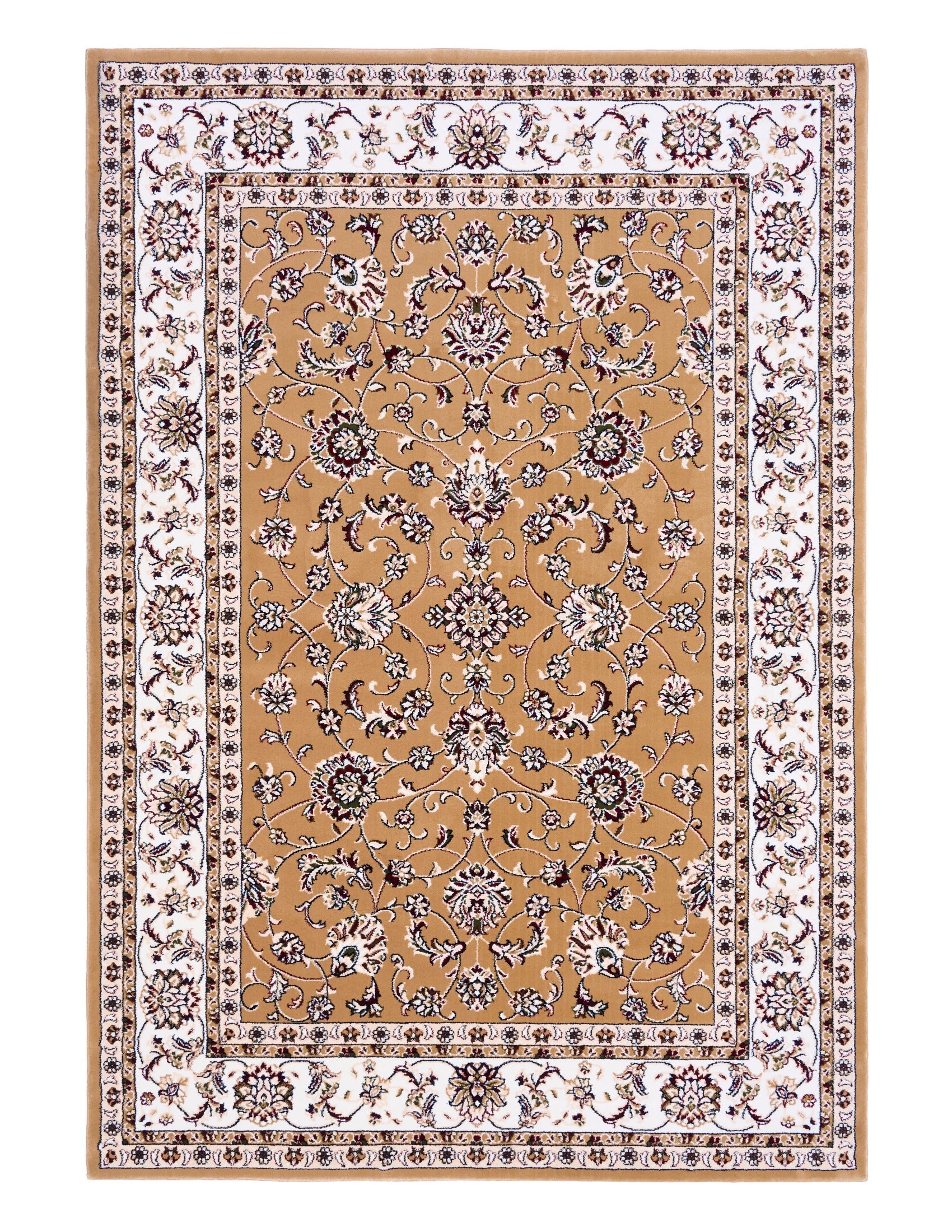 Berber-style area rug with tan field, central rosette medallions, and cream floral border