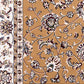 Berber-style rug pattern close-up with tan field, ornate flowers, and cream edge border