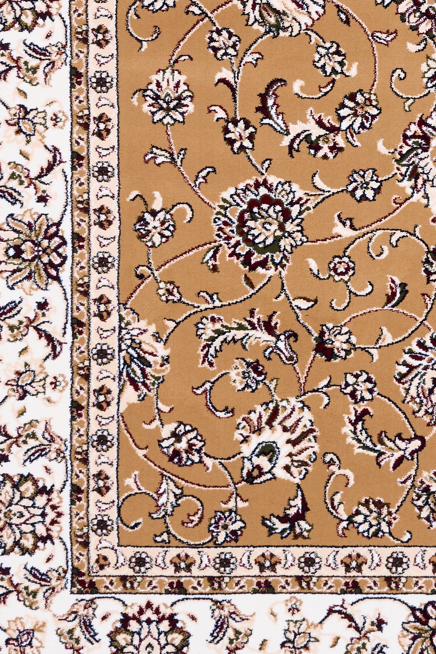 Berber-style rug pattern close-up with tan field, ornate flowers, and cream edge border