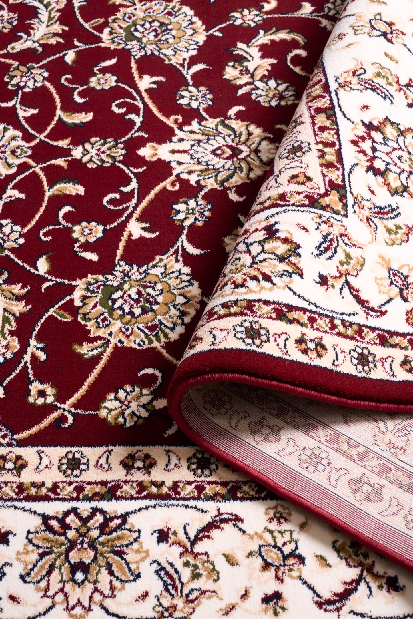 BALUCHI Bordeaux rug corner close-up, ornate floral vines on red with cream panel | Baluchi Traditional Rug Vintage Traditional Floor Rug - Rugs Point Australia