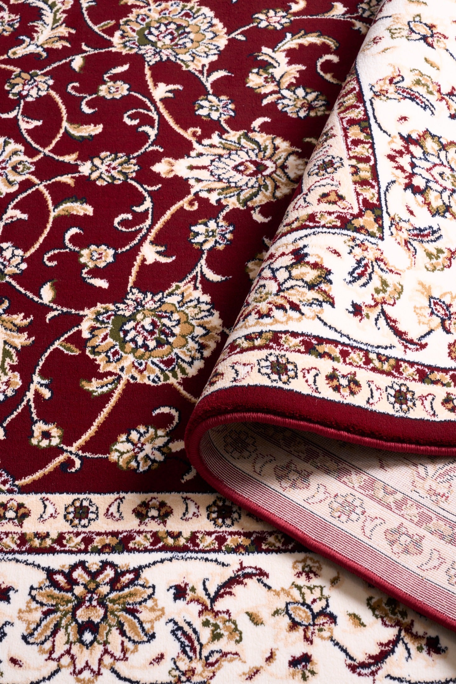 BALUCHI Bordeaux rug corner close-up, ornate floral vines on red with cream panel | Baluchi Traditional Rug Vintage Traditional Floor Rug - Rugs Point Australia