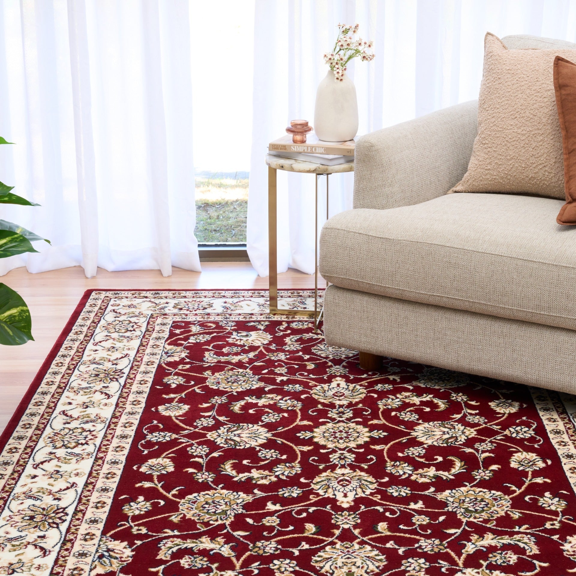 BALUCHI Bordeaux floral rug with ornate center pattern, cream stripes and border | Baluchi Traditional Rug Vintage Traditional Floor Rug - Rugs Point Australia