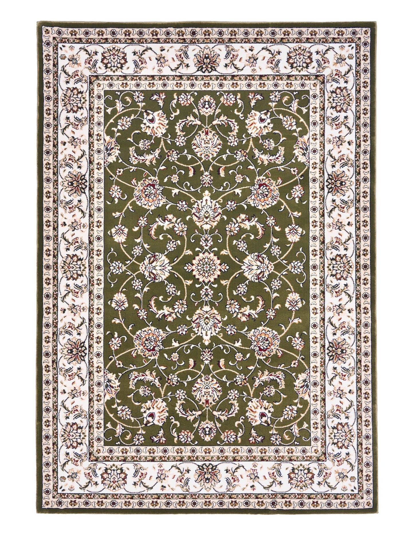 BALUCHI green floral patterned area rug with cream ornamental frame | Baluchi Traditional 300x400cm and all sizes Rug Vintage Traditional Polypropylene Area Rug - Rugs Point Australia