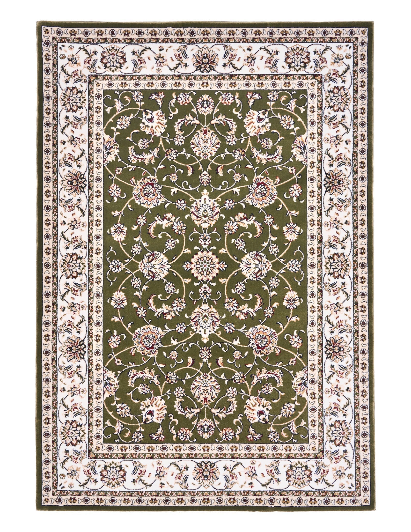 BALUCHI green floral patterned area rug with cream ornamental frame | Baluchi Traditional 300x400cm and all sizes Rug Vintage Traditional Polypropylene Area Rug - Rugs Point Australia