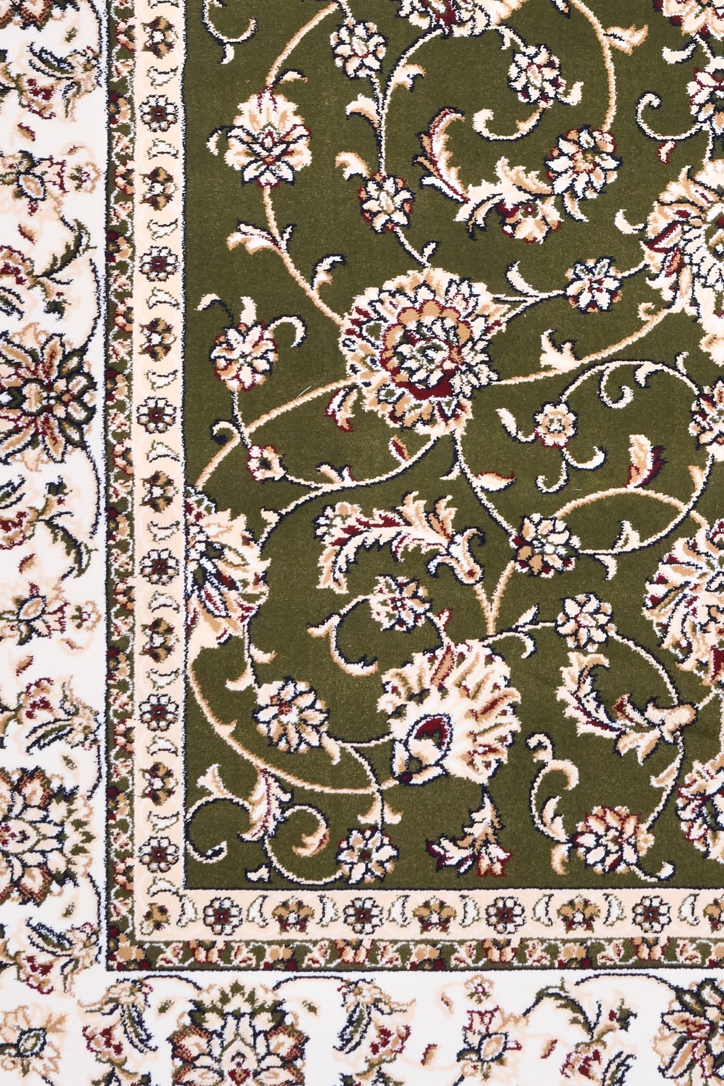 BALUCHI green floral patterned area rug close-up with cream border and corner motif | Baluchi Traditional 300x400cm and all sizes Rug Vintage Traditional Polypropylene Area Rug - Rugs Point Australia