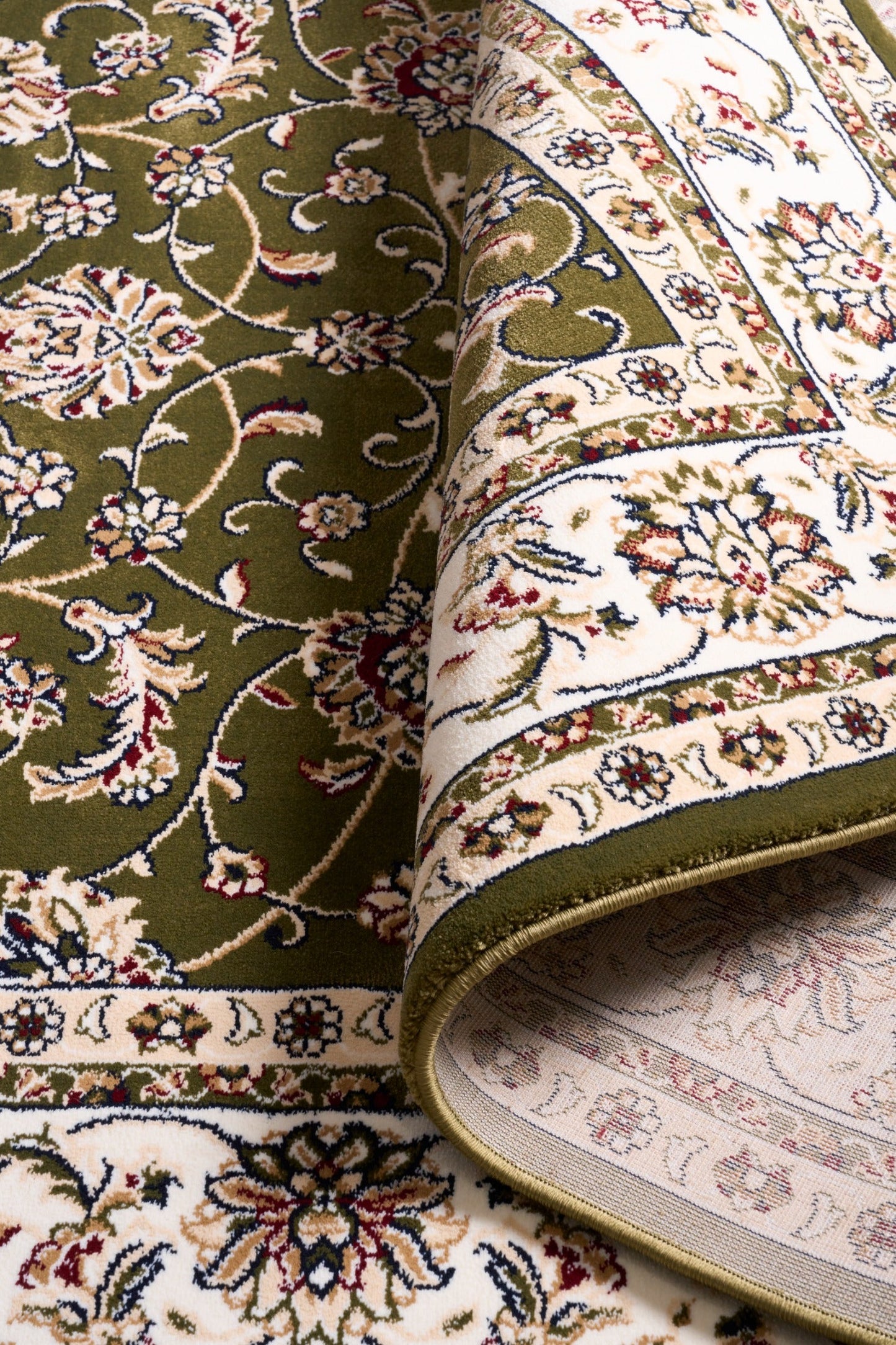 BALUCHI green floral area rug close-up with cream border and ornate corner detail | Baluchi Traditional 300x400cm and all sizes Rug Vintage Traditional Polypropylene Area Rug - Rugs Point Australia