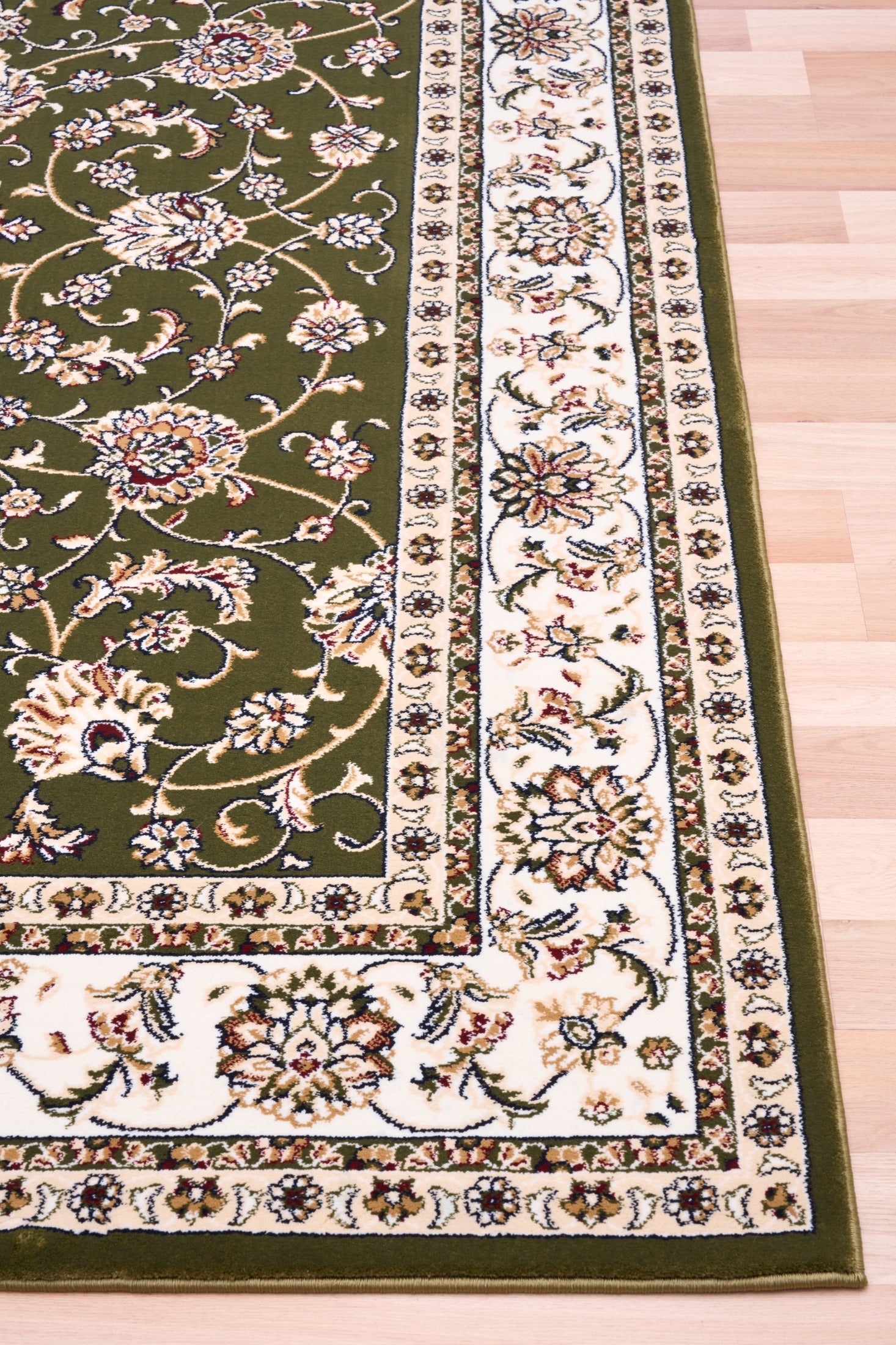 BALUCHI green floral patterned area rug showing full border and cream center strip | Baluchi Traditional 300x400cm and all sizes Rug Vintage Traditional Polypropylene Area Rug - Rugs Point Australia