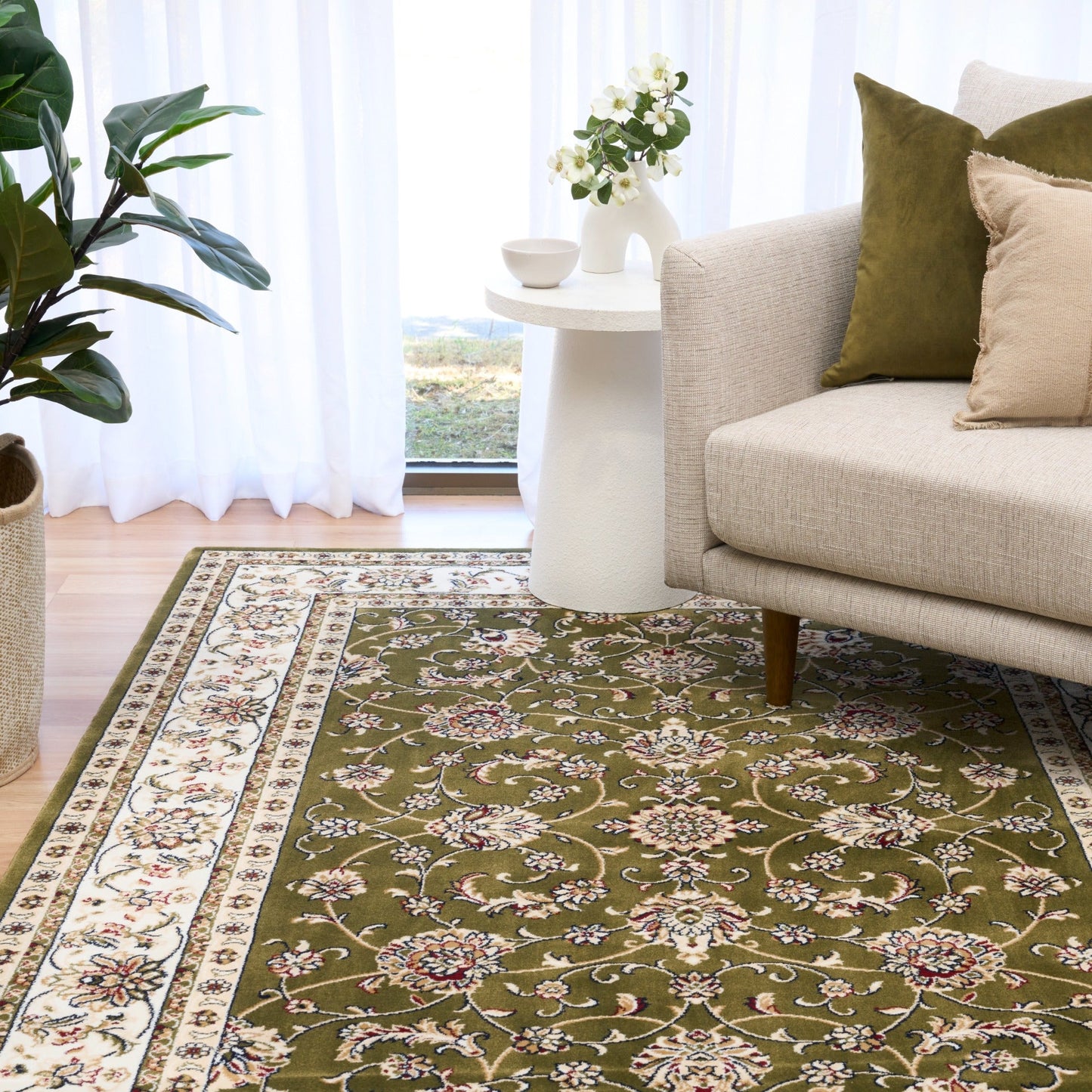 BALUCHI green floral area rug on floor with cream border and central floral pattern | Baluchi Traditional 300x400cm and all sizes Rug Vintage Traditional Polypropylene Area Rug - Rugs Point Australia