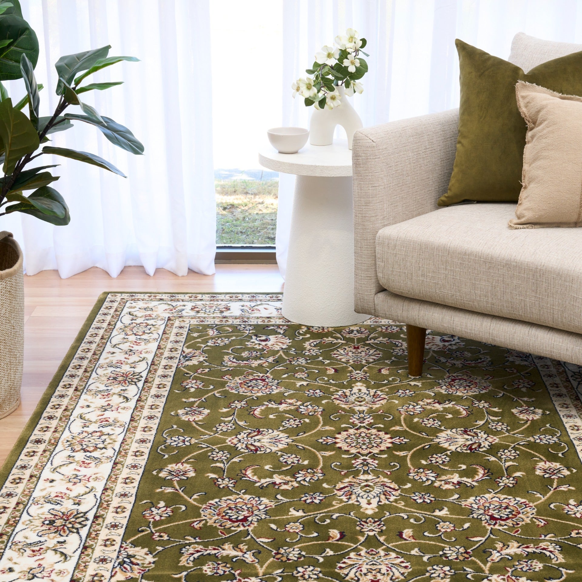 BALUCHI green floral area rug on floor with cream border and central floral pattern | Baluchi Traditional 300x400cm and all sizes Rug Vintage Traditional Polypropylene Area Rug - Rugs Point Australia