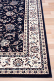 BALUCHI navy area rug with floral vine pattern, beige border and medallion panels