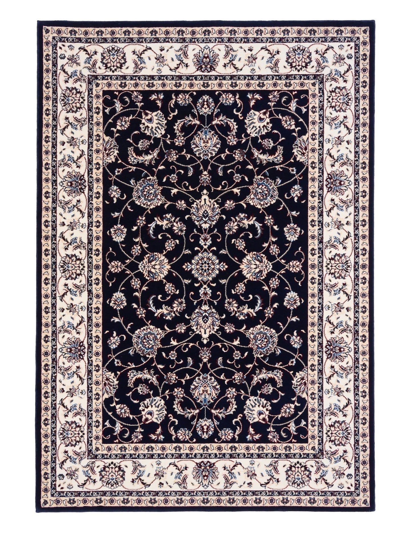 BALUCHI navy area rug with detailed floral medallion panel and multi-line border