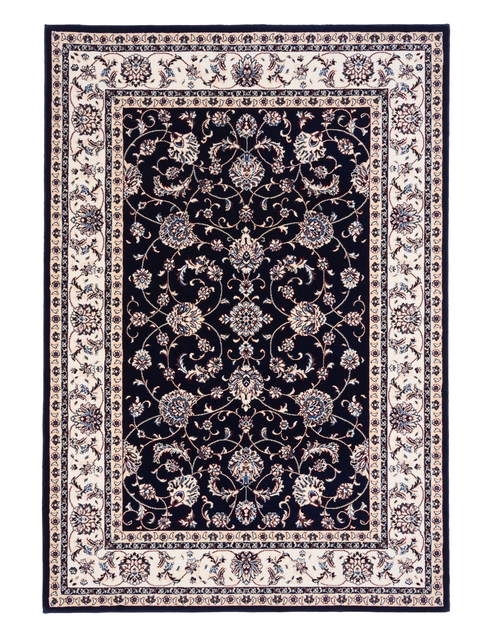 BALUCHI navy area rug with detailed floral medallion panel and multi-line border