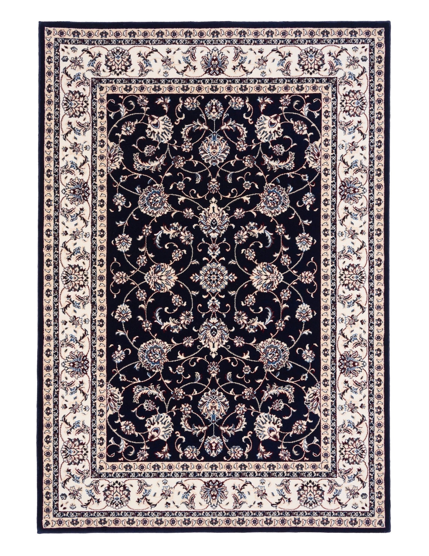 BALUCHI navy area rug with central ornate medallion and cream geometric border
