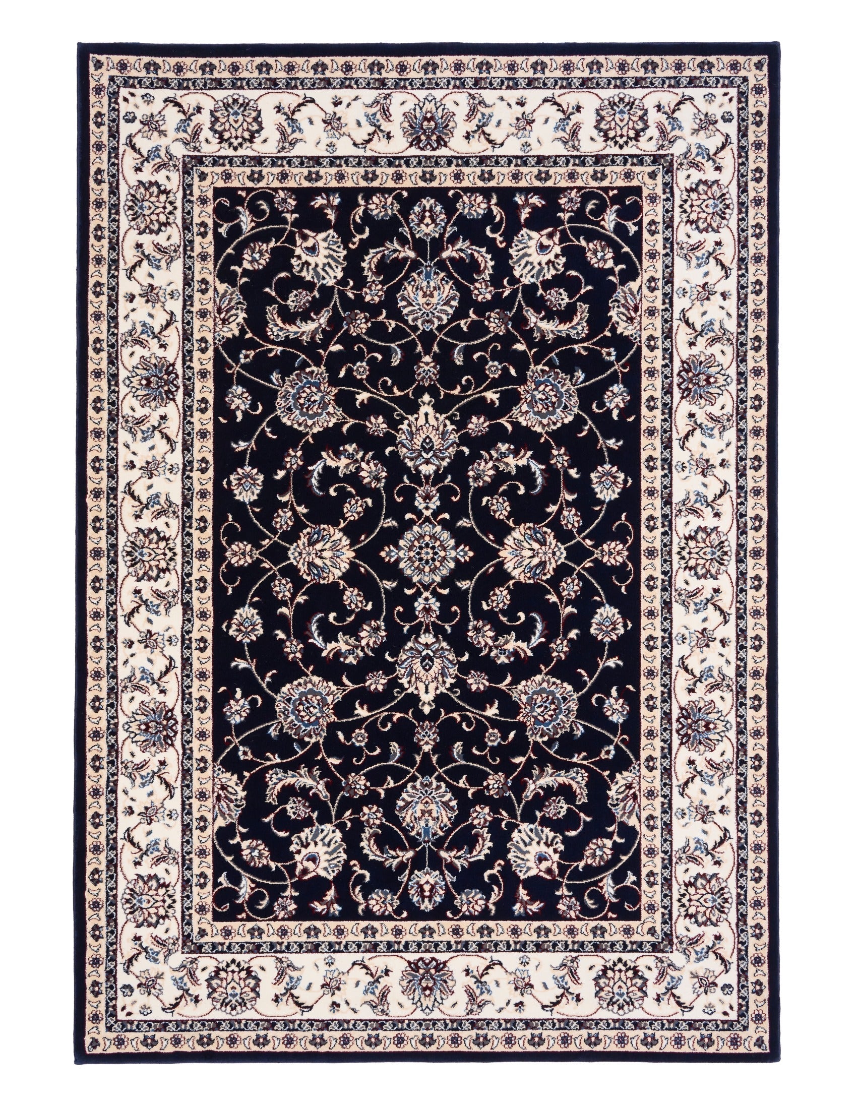 BALUCHI navy area rug with central ornate medallion and cream geometric border