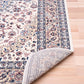 Ivory area rug corner with patterned border and folded edge view